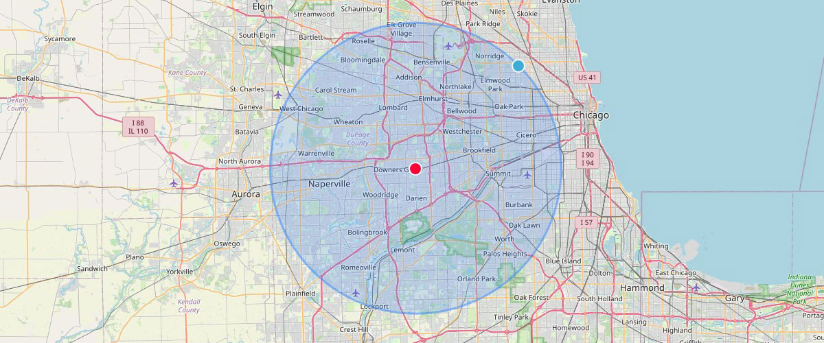 Service area map of 15 mile radius around Westmont, IL