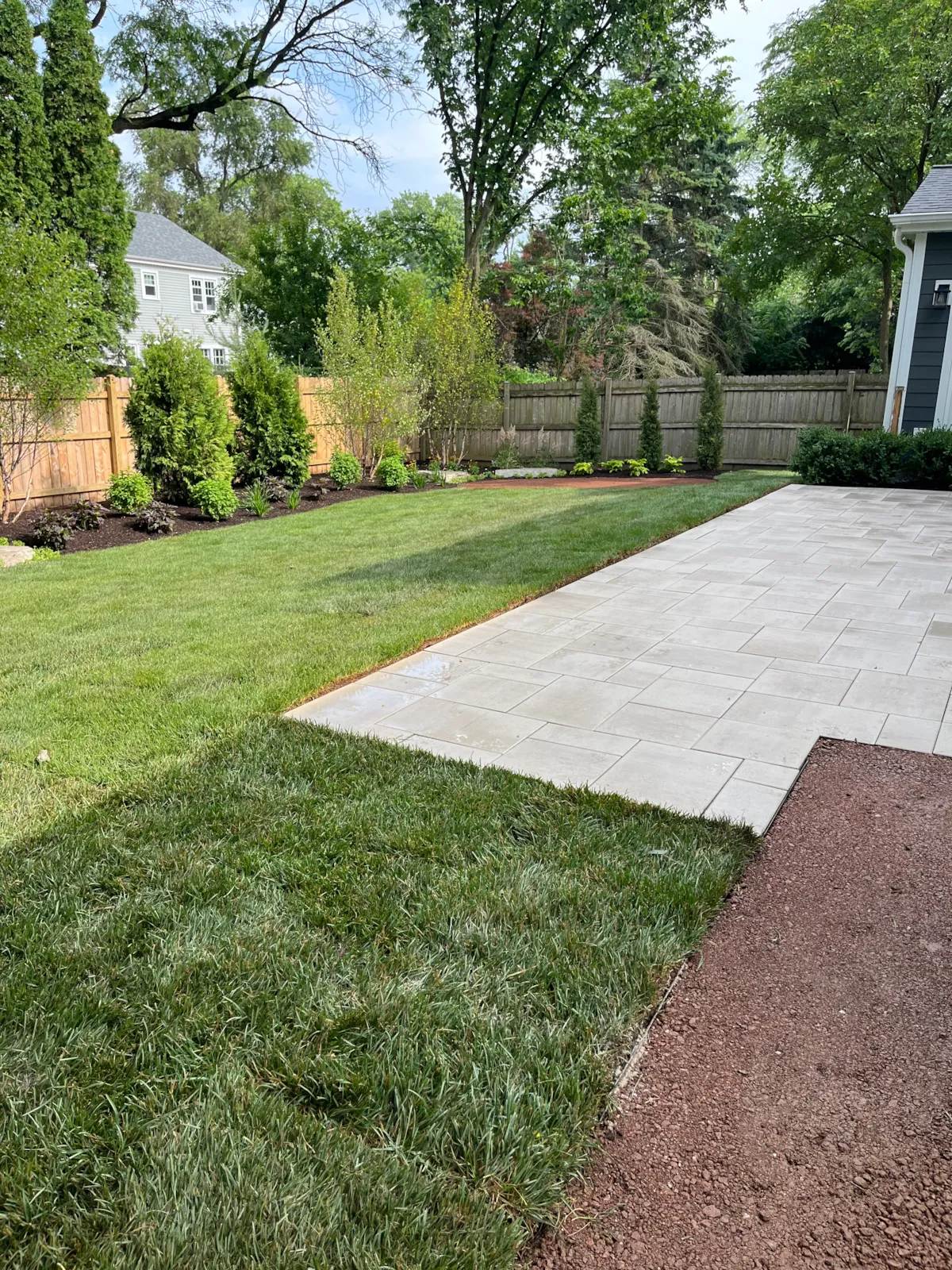 Finished Hinsdale backyard renovation with new lawn, planting beds and paver patio